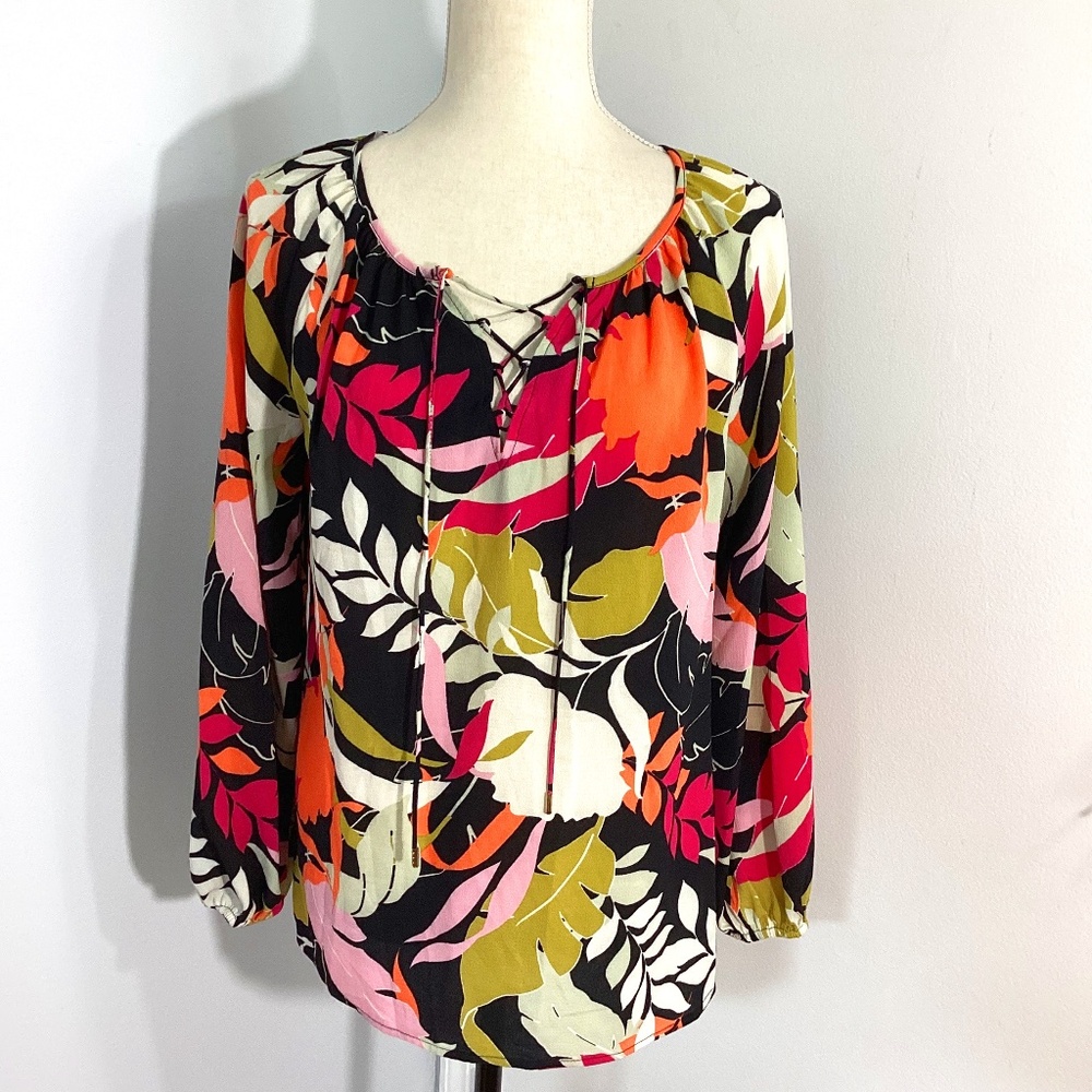 NWT COUNTERPARTS SIZE SMALL CREPE FLORAL BLOUSE TOP LONG SLEEVE PEASANT …